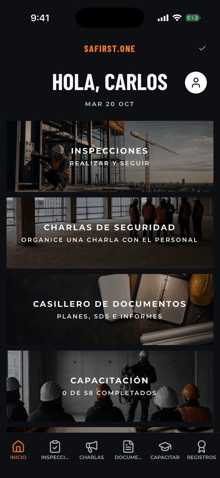 La pantalla de inicio de la app Safirst ONE en un teléfono